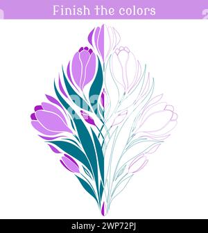 Terminez l'image de fleur de couleur. Jeu éducatif pour enfants. Fleurs de crocus violettes. Pratique du dessin. Jeu de printemps pour l'école primaire. Illustration de Vecteur