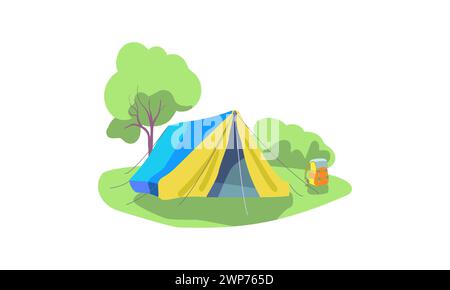 Stations balnéaires de glamping. Camp touristique forestier avec tente, table pliante et chaise pour le tourisme d'aventure et de voyage, bushcraft et backpack. Camping entouré d'arbres. Illustration vectorielle... Illustration de Vecteur