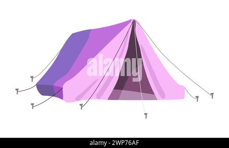 Tente triangulaire lilas pour le camping, le tourisme d'aventure et les voyages, le bushcraft et la randonnée. Objet isolé sur fond blanc. Illustration vectorielle de dessin animé... Illustration de Vecteur