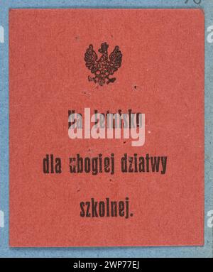 Impression de cas représentant des emblèmes et du texte polonais : pour les vacances d'été d'un écolier pauvre ; vers 1913 1921 (1913-00-00-1921-00-00); Banque D'Images