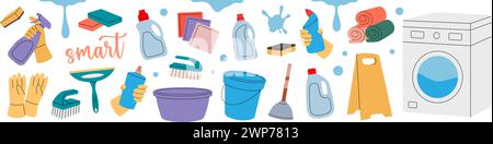 Ensemble d'entretien ménager. Toilettes, lave-linge, balai à franges, seau, piston, pelle, éponges, débarbouillettes, brosses, nettoyants, gants. Nettoyage des outils d'entretien. Illustration de Vecteur