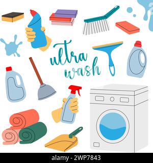 Outils de nettoyage. Cuvette de toilette, seau, plongeur, pelle, éponges, débarbouillettes, brosses, nettoyants, serviettes, chiffons, gants. Équipement de service d'entretien ménager. Illustration de Vecteur