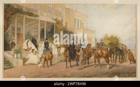 Représentation d'un retour d'une promenade à Krzeszowice, petite Pologne, par Juliusz Kossak (1824-1899), 1872. Montre des chevaux, des chiens et des portraits collectifs, liés aux familles Krasiński et Potocki. Banque D'Images