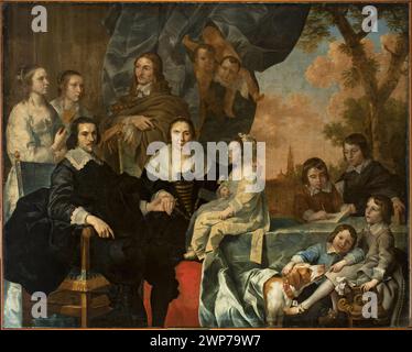 Autoportrait de Nicolaes Van Helt Stockade (1614-1669) de 1664, représentant l'artiste avec des membres de sa famille, des paysages et un chien, dans la tradition de la peinture néerlandaise. Banque D'Images