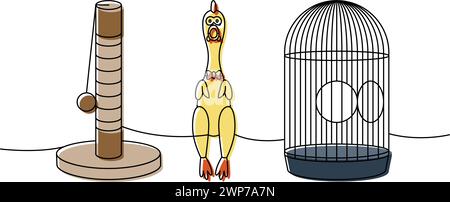 Fournitures pour animaux de compagnie tracées sur une ligne colorée en continu. Tour de chat, poteau de grattage de chat, jouet de poulet en caoutchouc, cage d'oiseau continue illustration d'une ligne. Illustration de Vecteur