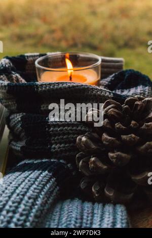 Bougie de cire parfumée orange dans un gobelet en verre enveloppé dans une écharpe tricotée ou un pull avec un fond naturel vert. Pomme de pin. Cozyness de la vie lente. Banque D'Images