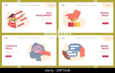 Ensemble de développement des compétences. Illustrer le parcours de l'apprentissage des compétences motrices et cognitives aux compétences sociales. Pensée critique, intelligence émotionnelle et préparation à l'âge adulte. Illustration vectorielle plate Illustration de Vecteur