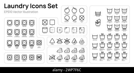 Les icônes de blanchisserie de contour définissent la conception d'illustration vectorielle. Collection de symboles de lavage, blanchiment, repassage, séchage. Illustration de Vecteur