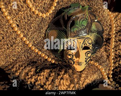 Masque de carnaval sur un fond tricoté avec des perles et des étincelles. Elément de costume de fête de carnaval Banque D'Images