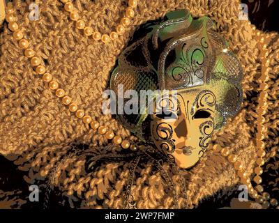 Masque de carnaval sur un fond tricoté avec des perles et des étincelles. Elément de costume de fête de carnaval Banque D'Images