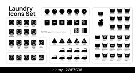 Silhouette icônes de blanchisserie définir la conception d'illustration vectorielle. Collection de symboles de lavage, blanchiment, repassage, séchage. Illustration de Vecteur