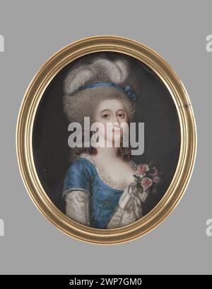 Portrait d'une jeune femme avec une coiffure haute ornée de plumes, tenant un bouquet, représentée en costume d'époque avec une attention particulière aux éléments floraux et vestimentaires. Banque D'Images
