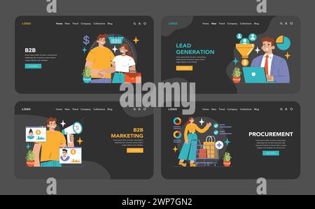 B2B commerce mode sombre ou nuit Web ou ensemble d'atterrissage. Personnages d'affaires faisant des affaires dans le commerce en ligne, alliances stratégiques, CRM. Proposition de valeur, interactions avec les parties prenantes. Vecteur plat Illustration de Vecteur