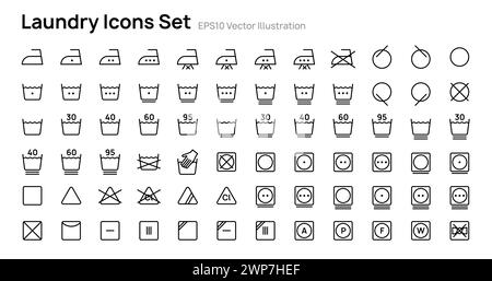 Icônes de blanchisserie définissent la conception d'illustration vectorielle. Collection de symboles de lavage, blanchiment, repassage, séchage. Illustration de Vecteur