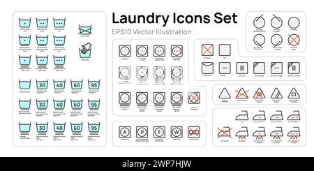 Grandes icônes de blanchisserie définissent la conception d'illustration vectorielle. Collection de symboles de lavage, blanchiment, repassage, séchage. Illustration de Vecteur