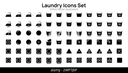 Les icônes de blanchisserie remplies définissent la conception d'illustration vectorielle. Collection de symboles de lavage, blanchiment, repassage, séchage. Illustration de Vecteur