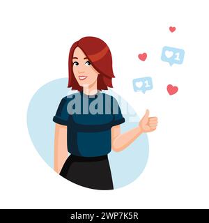 Happy Young Woman montre les pouces vers le haut. Personne montrant le pouce levé. Personnage féminin avec expression de visage positive. Concept d'approbation. Aime sur les réseaux sociaux. Style de dessin animé d'illustration plat vectoriel. Illustration de Vecteur