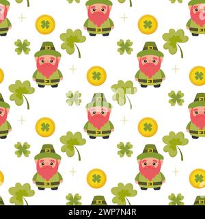 St patricks jour modèle sans couture, trèfle, gnome leprechaun, pièces de monnaie, arc-en-ciel. vecteur Illustration de Vecteur