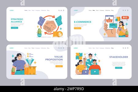 B2B commerce Web ou ensemble d'atterrissage. Personnages d'affaires s'engageant dans des achats en ligne, des alliances stratégiques, CRM, et la génération de prospects. Proposition de valeur, interactions avec les parties prenantes. Illustration vectorielle plate Illustration de Vecteur