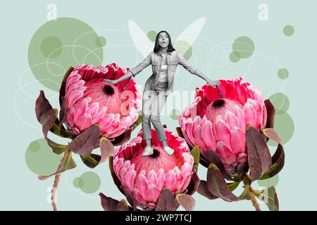 Croquis de tendance croquis de photo composite 3D de la jeune dame surprise avec des ailes de papillon se tiennent sur l'énorme fleur protéa printemps venir Banque D'Images