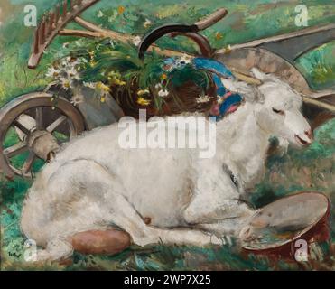 Une peinture de 1930 de Wojciech Weiss représentant une chèvre sertie contre un paysage rural avec des prairies, des outils agricoles tels que des râteaux, des faucilles et des brouettes, reflétant la vie rurale et le travail agricole. Banque D'Images