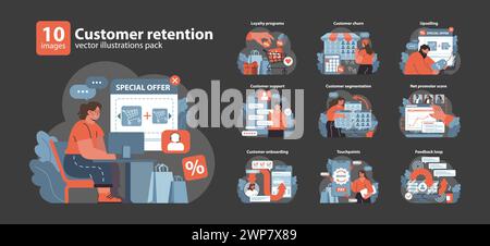 Ensemble de fidélisation de la clientèle. Stratégies pour fidéliser les clients, de l'intégration au feedback. Programmes de fidélisation, ventes incitatives et gestion du désabonnement. Illustration vectorielle plate. Illustration de Vecteur