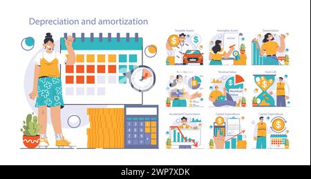 Amortissement et ensemble d'amortissement. Calculer la valeur des actifs de l'entreprise au fil du temps. Durée de vie de l'actif de l'entreprise , évaluation du capital. Rapport financier. Illustration vectorielle plate Illustration de Vecteur