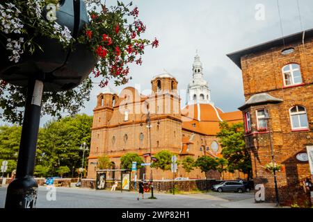 Panorama de l'architecture de briques Nikiszowiec avec des fleurs au premier plan en focus, Katowice, Pologne Banque D'Images