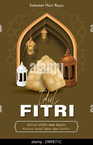 Traduction : Happy Eid al Fitr. Modèle d'affiche de l'Aïd Moubarak avec Ketupat, Lanterne et illustration vectorielle de lanterne arabe dorée Illustration de Vecteur