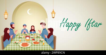 Happy Iftar Moslem Family illustration vectorielle, famille musulmane ayant Iftar Party Together Design Illustration de Vecteur