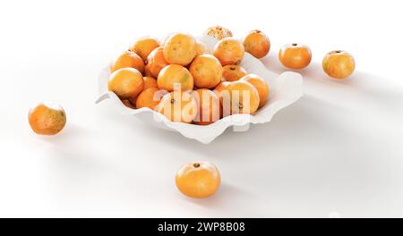 Un rendu 3D d'un bol rempli de petits fruits orange sur fond blanc Banque D'Images