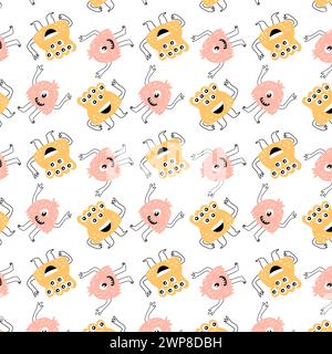 Motif monstres mignon sans couture avec motif doodle. L'illustration vectorielle peut être utilisée pour le textile de bébé, la conception de tissu, l'impression de bébé ou de nouveau-né pour le t-shirt Illustration de Vecteur