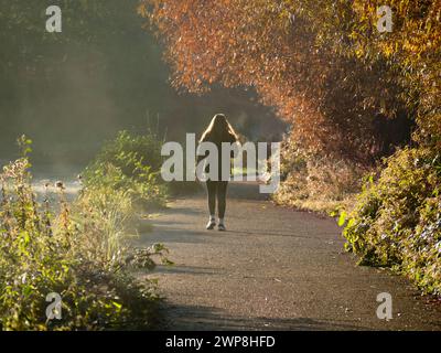 Femme marchant sur le chemin de la Tamise au milieu des couleurs d'automne. Ce tronçon du célèbre sentier pédestre longe la rivière juste en aval de Folly Bridge, Ox Banque D'Images