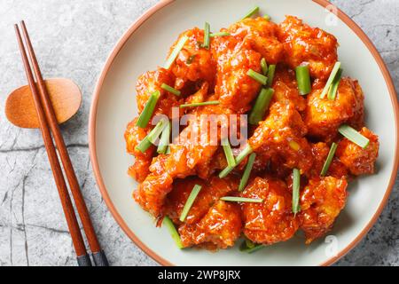 Gobi Manchurian est un apéritif populaire fait avec du chou-fleur frit enrobé de sauce Chili umami en gros plan sur l'assiette sur la table. Vue horizontale de dessus Banque D'Images