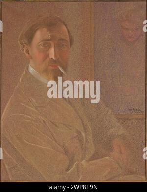 Un autoportrait de 1919 de Leon Kaufmann représente l'artiste fumant une cigarette, illustrant des portraits masculins, l'utilisation de la nicotine et les techniques pastel polonais, conservés dans une collection privée. Banque D'Images