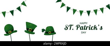 Prog Bannière Patricks Day avec chapeaux verts d'elfe sur des bâtons et des guirlandes de drapeaux sur fond blanc. Illustration de Vecteur