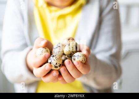 3 mars 2024 : chasse aux œufs, petit garçon tenant plusieurs œufs de caille pour Pâques. Enfant avec des oreilles de lapin faites soi-même sur la tête *** Eiersuche, Kleiner Junge hält mehrere Wachteleier zu Ostern in der hand. Kind mit selbstgebastelten Hasenohren auf dem Kopf Banque D'Images