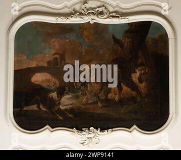 Cette peinture du XVIIIe siècle de Philipp Peter Roos représente un chien aboyant sur une chèvre dans un cadre rural. Banque D'Images