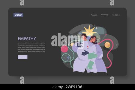 Bannière Web Empathy ou page de destination en mode sombre ou nuit. Les astronautes laissés seuls dans l'espace. Personnage souffrant de solitude. Problème de communication moderne. Illustration vectorielle plate Illustration de Vecteur