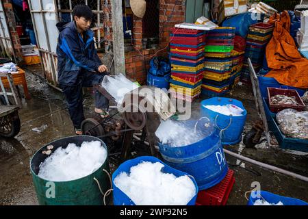 Ouvrier avec des blocs de glace au marché aux poissons de Hoi an Banque D'Images