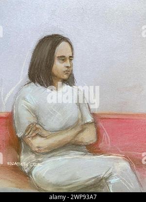 Dessin d'artiste de cour par Elizabeth Cook de Jaskirat Kaur, également connu sous le nom de Jasmine Kang, comparaissant au tribunal de première instance de Wolverhampton, accusé du meurtre de sa fille de 10 ans Shay Kang, dont le corps a été retrouvé lundi à Rowley Regis. Date de la photo : mercredi 6 mars 2024. Banque D'Images