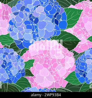 Motif botanique sans couture vectoriel avec fleurs d'hortensia roses et bleues florissantes. Motif floral répétition de conception textile, papier peint, fond. Illustration de Vecteur