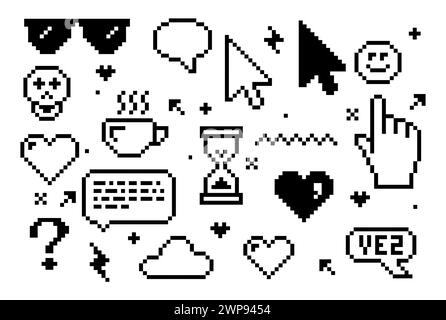 Smiley pixel rétro et icônes, jeux vidéo de l'esthétique des années 90, éléments rétro 8 bits, autocollants pixels Y2K, coeur, index et curseur, vecteur Illustration de Vecteur