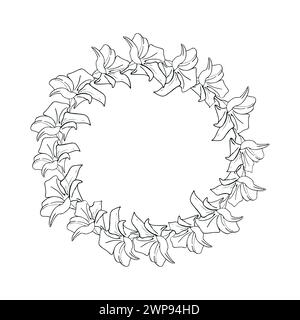 Couronne de cercle de jasmin avec fleur noire et blanche d'art au trait. Cadre floral pour carte de mariage, étiquette ou illustration. Arrière-plan vectoriel Illustration de Vecteur