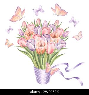 Bouquet de tulipes avec ruban de soie et volant, papillons. Illustration isolée de l'aquarelle dessinée à la main. Blossom printemps fleurs de jardin modèle de dessin f Banque D'Images