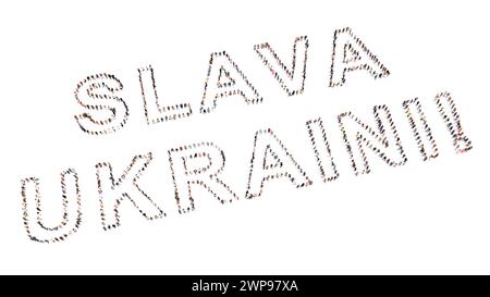 Conceptuelle Grande communauté de personnes formant le message SLAVA UKRAINI. illustration 3d métaphore pour le patriotisme, la détermination, la motivation, le courage Banque D'Images