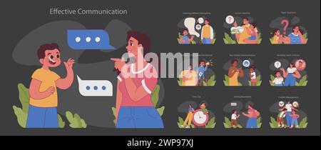 Communication effective mode sombre ou nuit défini. Les parents et les enfants mettent en valeur des compétences clés en communication. Écoute active sans interruption et évitant les critiques. Illustration vectorielle plate Illustration de Vecteur