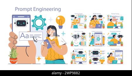 Les ingénieurs qui écrivent une commande sur un réseau de neurones artificiels. Développement de l'intelligence artificielle. Caractère utilisant l'IA pour créer un texte ou une image. Illustration vectorielle plate Illustration de Vecteur
