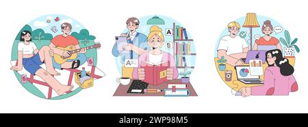 Ensemble d'idées de troisième place. Environnement social, séparé de la maison et du lieu de travail. Construction de la vie communautaire, interaction des personnes et zone de communication. Illustration vectorielle plate Illustration de Vecteur