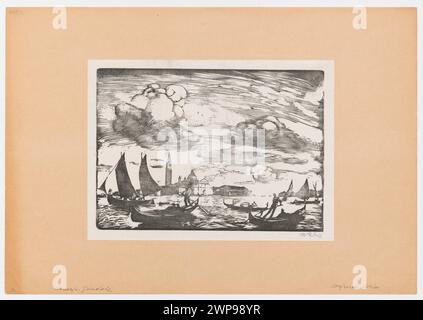 Vue des gondoles près de San Giorgio Maggiore avec des tours et des nuages à Venise, peinte par Wojciech Weiss (1875-1950), 1925. Fait partie de la collection Irena Weiss, graphismes polonais. Banque D'Images